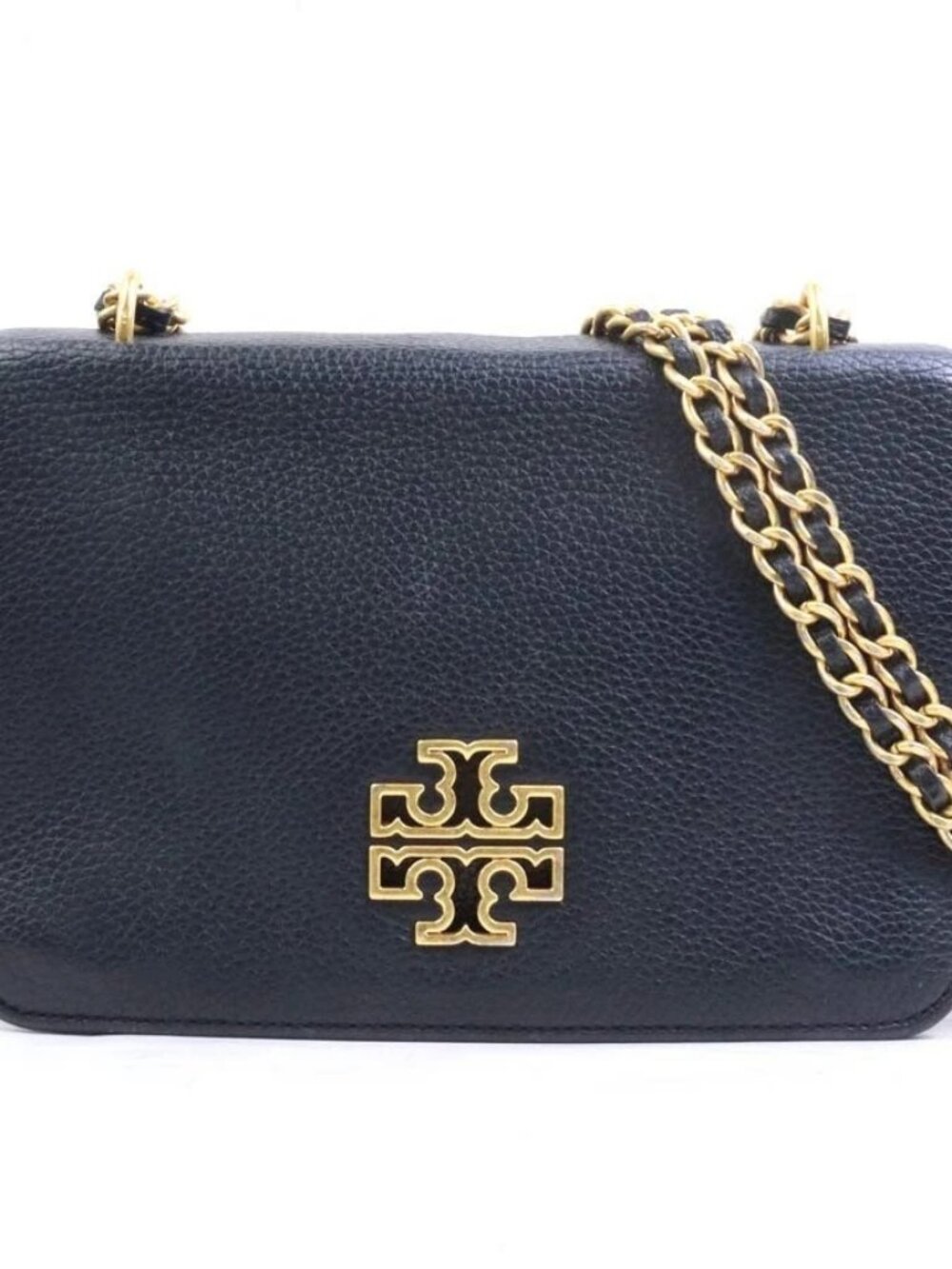 Auth Tory Burch Chain Shoulder Bag Black/Gold Leather/Metal